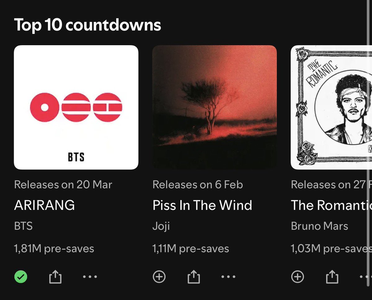 btschartdata's tweet image. ARIRANG has surpassed 1.81M pre-saves on Spotify!