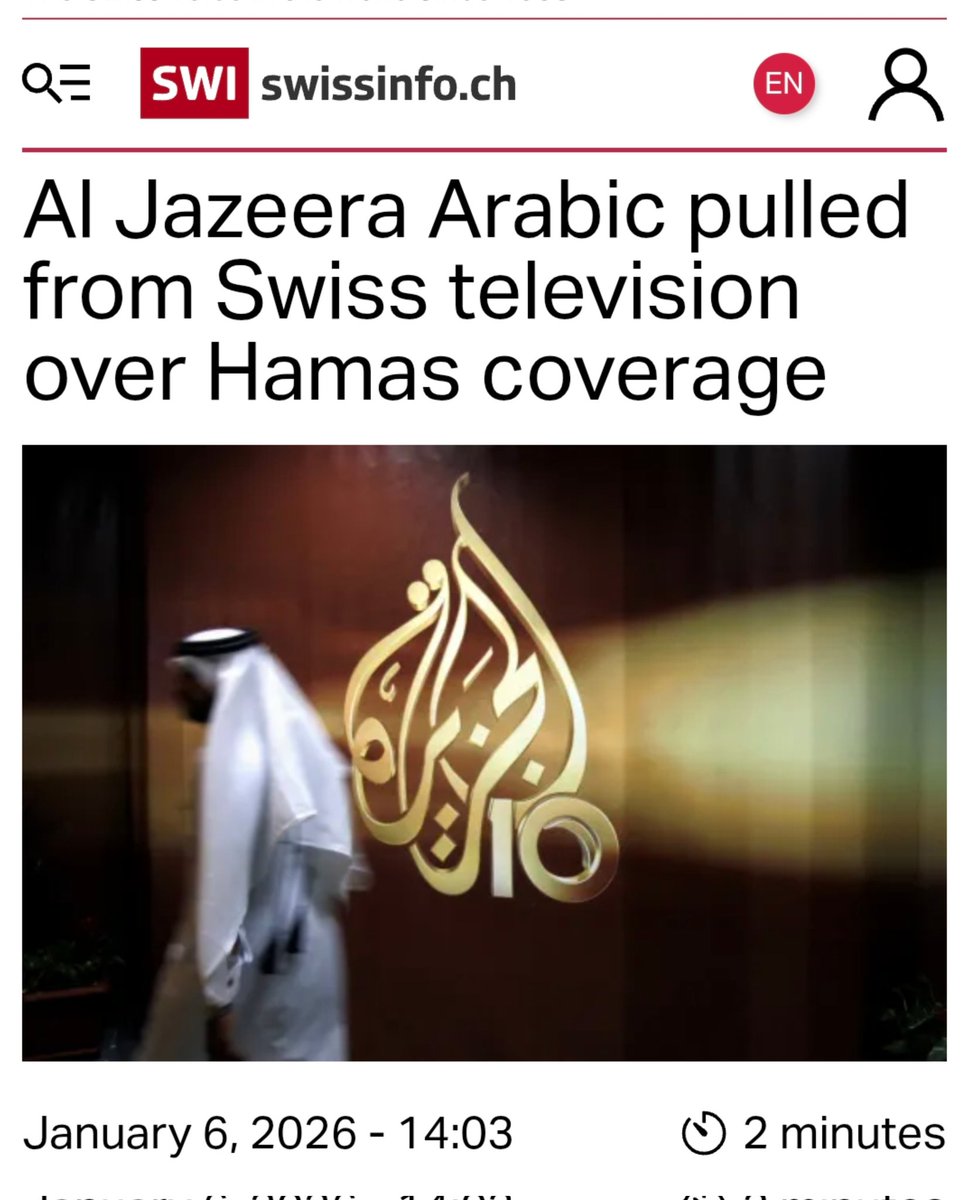 EFischberger's tweet image. Excellent news that we missed last week:

Swiss cable operators have suspended Al Jazeera’s Arabic-language channel over Hamas propaganda.

According to a spokesperson, the Qatari state-run network's pro-terror content often falls into a “legal grey area"