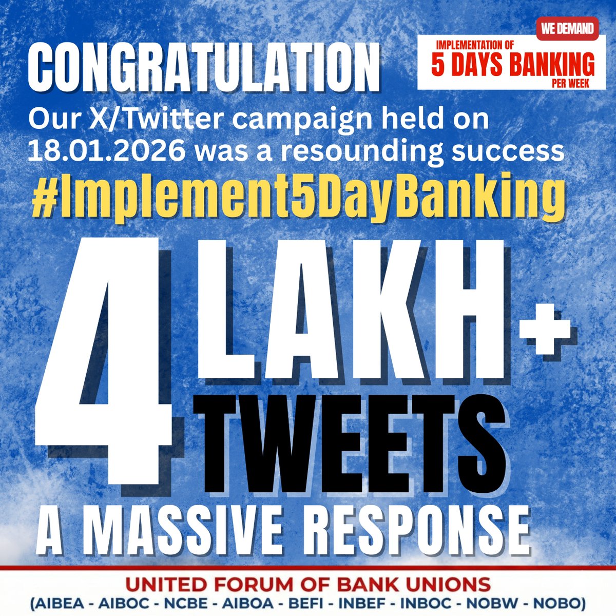 Hearty Congratulations to all..!!

Bigger Impact on X for today's campaign.. 4 lakh + tweets and our hashtag was trending at no. 1 for more than 7 hours.. 

March on for 27th January All India Strike by UFBU.. 🚩

#Implement5DayBanking
