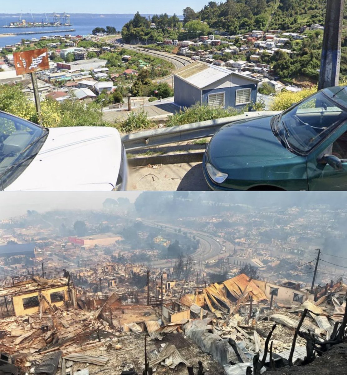 Antes y después, sector norte de Lirquén tras el paso del incendio forestal 
compartido <a href="/InformaAlMinuto/">Informa Al Minuto</a>