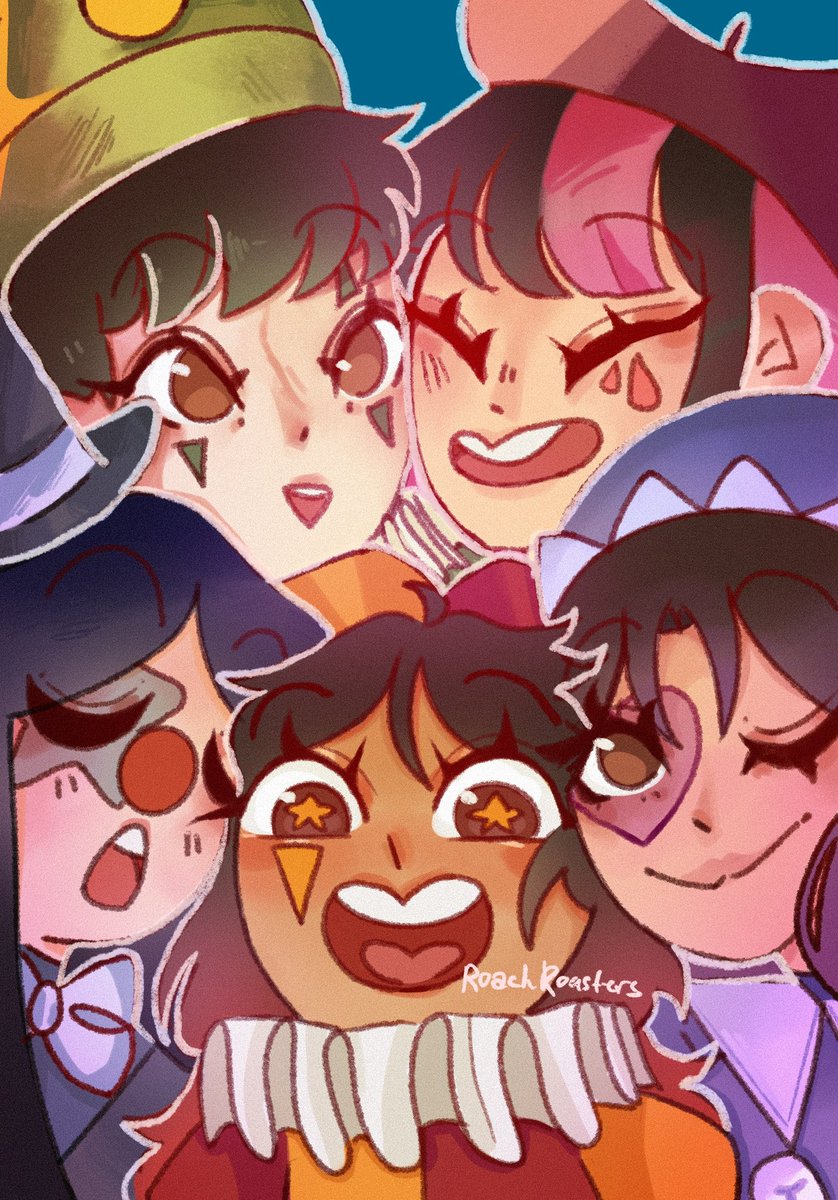 roachroasters's tweet image. Drew me and my closest uni friends as clowns! 🎪