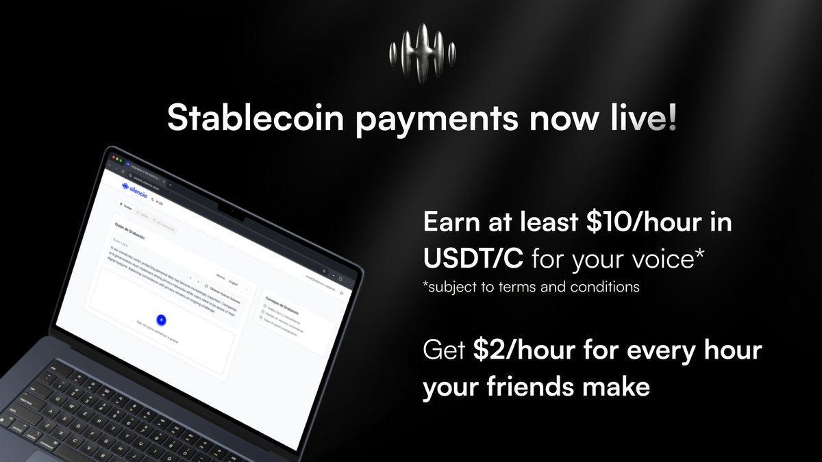 Hi guys 
I'm earning $10–20 (USDC) per hour with Silencio Voice AI just by recording my voice and helping train Artificial Intelligence. Super easy — and over a million people are already earning. Don't miss out.
Join with my link for higher rewards: ai.silencio.store/opportunities/…
