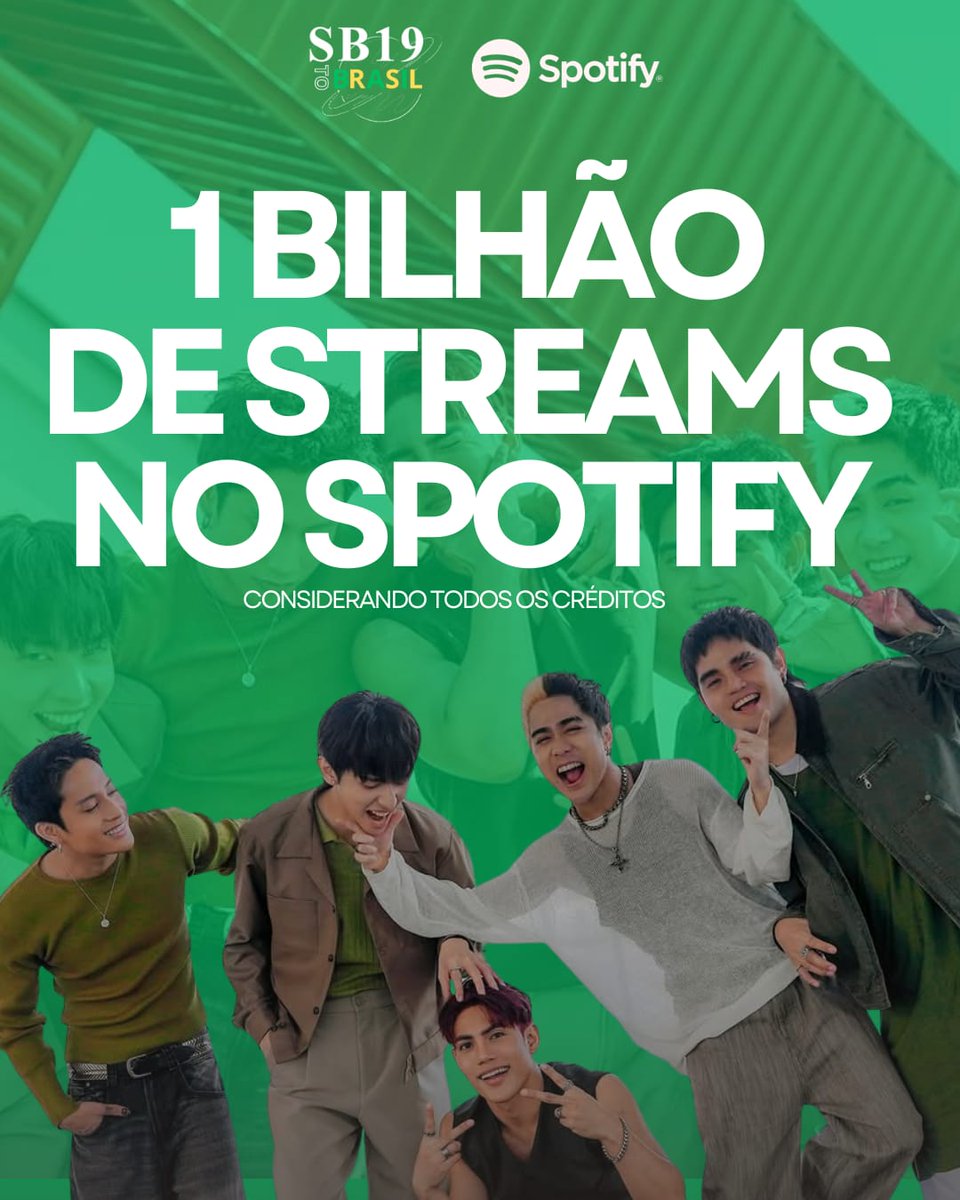 NO CLUBE DO BILHÃO! 🏆🔥 

​O #SB19 ultrapassou a marca histórica de 1 bilhão de streams no Spotify (considerando todos os créditos) 🙌 

ISSO É INCRÍVEL! 💙😭 🇧🇷 O Brasil ama e celebra essa conquista com todos vocês. 

Eles merecem o mundo e muito mais! Vamos continuar dando