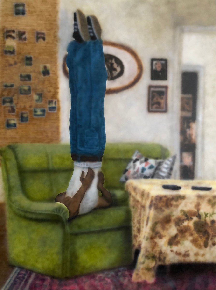 polmastersofart's tweet image. grupadowczoraj - CJ robi świecę na fotelu Ferdka (aerograf, akryl na płótnie, 160 x 120 cm), 2026. #PolishMastersofArt