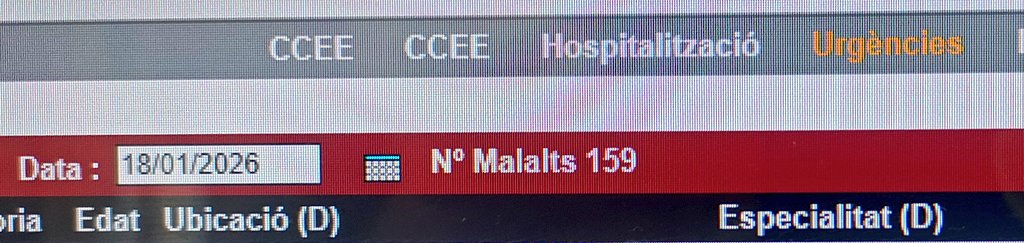 18/01/2026
159 pacients a Urgències de l'Hospital del Mar de Barcelona 
50 superen les 24 hores 
El més antic supera les 107 hores 
Pacient de 81 anys supera les 94 hores 
91 anys, 72 hores 
83 anys, 70 hores
Cap d'ells és familia de gerents i gestors de <a href="/govern/">Govern de Catalunya</a> i <a href="/salutcat/">Salut</a>
