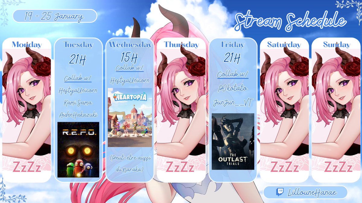 🌸Hello🌸

📅Du 19 au 25 JAN

🎨 : <a href="/tsukisyndrome/">ツキ</a>  / <a href="/Floflo_VT/">✨️FloFlo (๑•̀ㅂ •́)و ✧✧🌸 Lewdartist 🌸</a> 

#Vtuber #vtuberfr #Vtubers #VtuberUprisings #twitch #LillouwLive #REPO #heartopia #outlasttrials