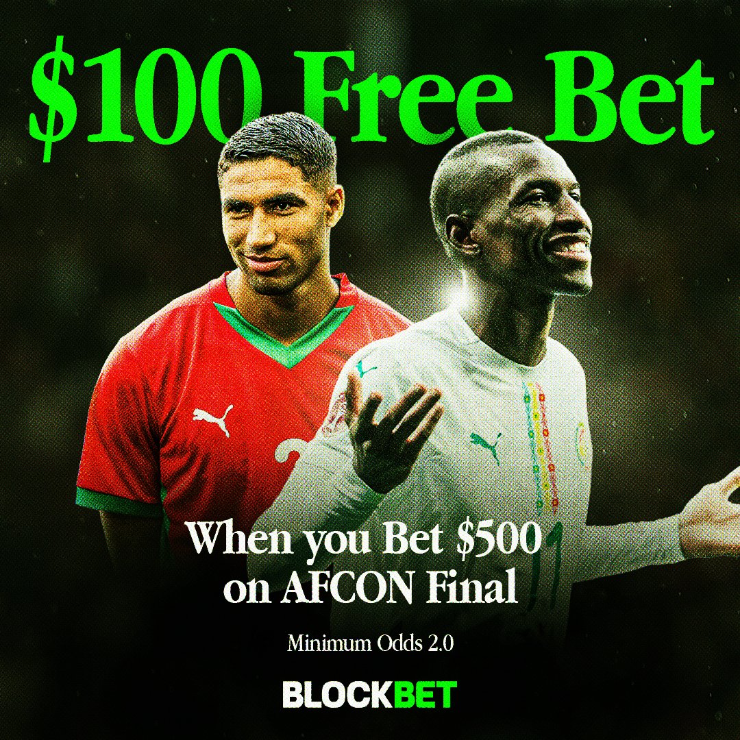 BlockBetGG's tweet image. Win or lose, get a $100 free bet. 💵

To qualify:

➖ Bet $500+ on tonight's AFCON final
➖ Minimum odds 2.0

That's it. Once the bet settles we'll drop you the $100 free bet. No opt-in needed.🤝

Bet now: blockbet.gg 🔋