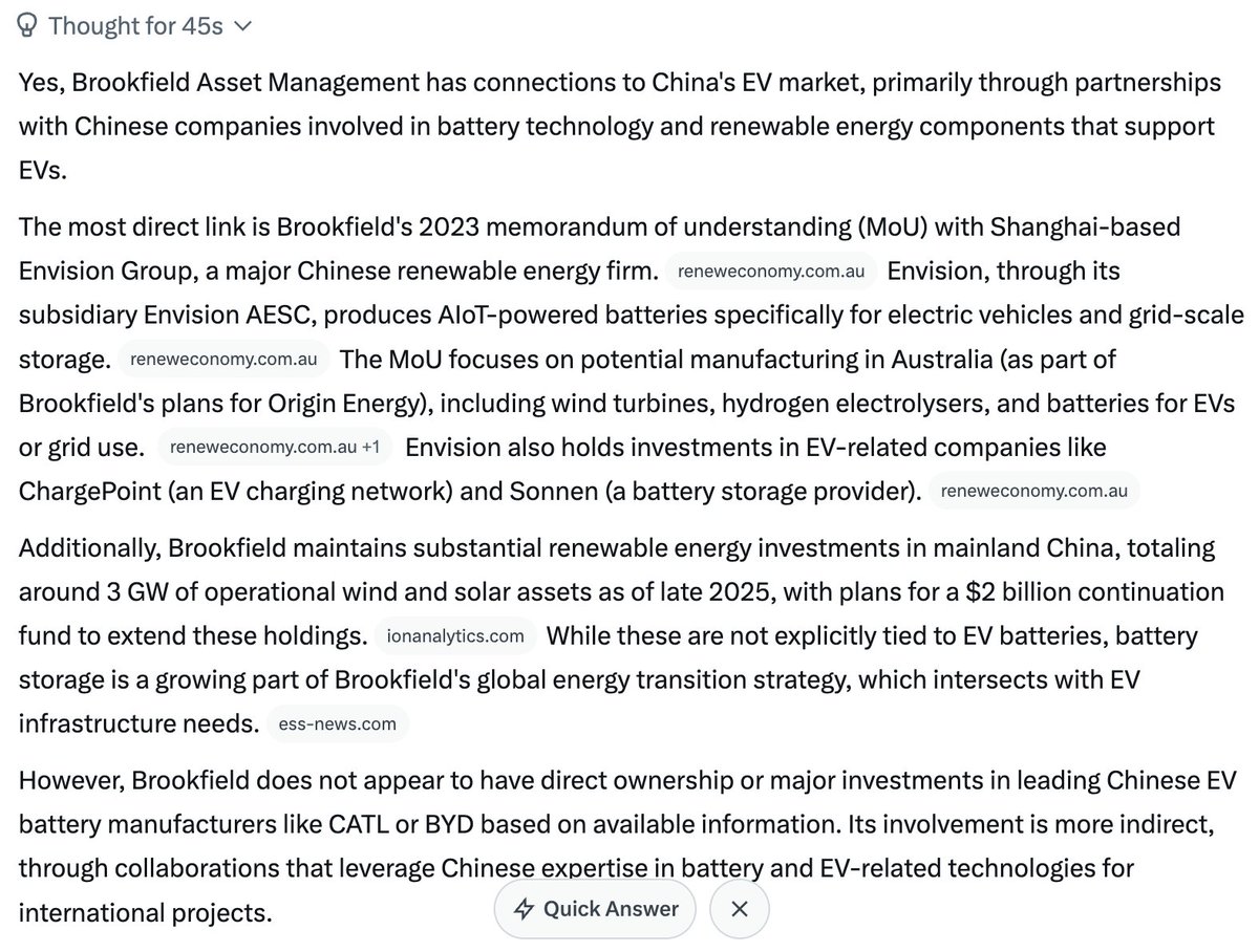 Q: Hey Grok, 

Does China's EV market have anything to do with Carney's investment firm Brookfield? 

A: Yes, 

Brookfield Asset Management has connections to China's EV market, primarily through partnerships with Chinese companies involved in battery technology and renewable