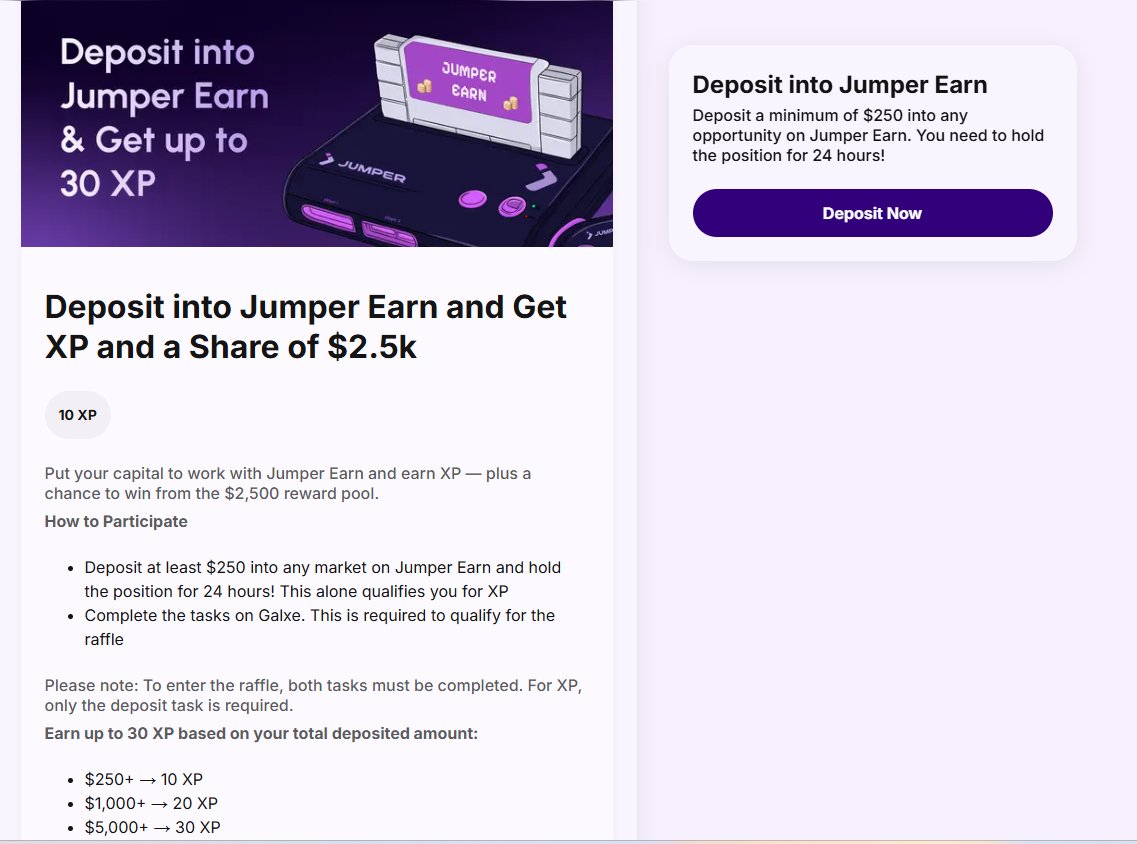 SecretoDefi's tweet photo. ATENCIÓN 📢

Nueva misión en Jumper para ganar hasta 30 XP > Jumper Earn

Tarea muy sencilla, simplemente por depositar cómo mínimo $250 (tienen apy 12% en USDC) y mantener esa posición durante 24 horas

Luego tienes que completar un Galxe de tareas off-chain y listo:

🔗 https://t.co/qwY3JBreMU

En función de tu Pass Level recibirás más o menos tickets que te servirán para ganar una parte de los 25000$ que van a repartir 🪂

Si queréis hacerlo no lo dejéis para más tarde ya que finaliza en 36 horas

¡Eso es todo!