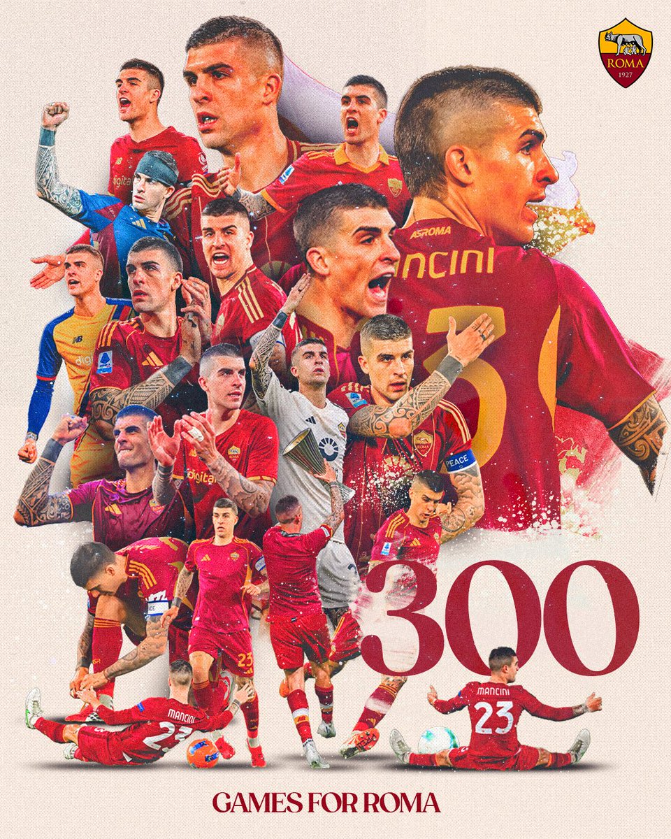 ASRomaEN's tweet photo. 300 times wearing our colours 🟡🔴

Congratulations, Mancio 👏2️⃣3️⃣

#ASRoma #TorinoRoma https://t.co/QWTLyw248U