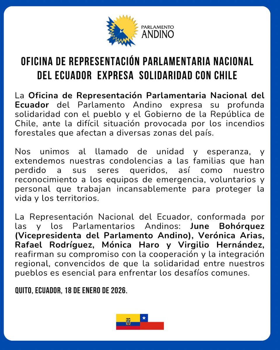 Comunicado | Oficina Ecuador expresa solidaridad con Chile 🇨🇱🤝🇪🇨
Acompañamos a las familias afectadas y reconocemos la labor de los equipos de emergencia y voluntariado que trabajan en la respuesta.
Reafirmamos nuestro compromiso con la cooperación y la integración regional.