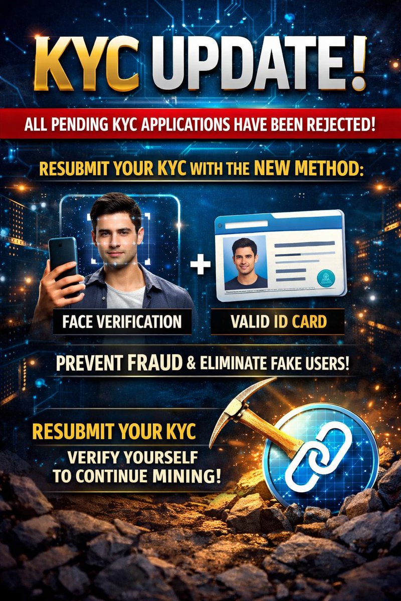 KYC Update

Dear Miners, all pending KYC applications have been rejected. Unverified users are requested to resubmit their KYC using the new method, which includes face verification along with a valid ID card.
This new KYC system has been introduced to prevent fraud and eliminate