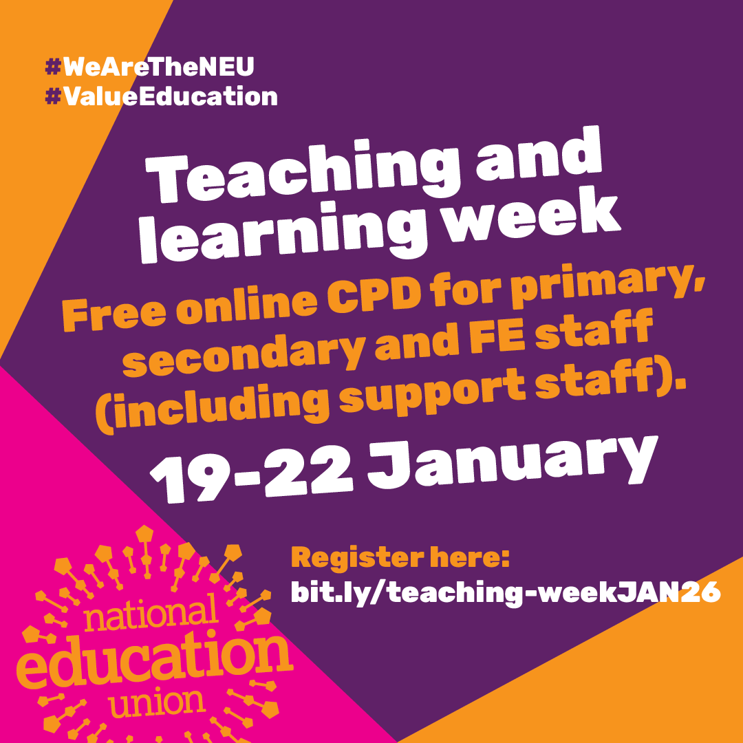 NEUnion's tweet photo. 📢 Teaching and Learning Week – Free Online CPD! 📢
 
📅19-22 January
📖For primary, secondary, and FE staff, including support staff.
 
✨ What’s on offer?
✅Effective revision and intervention.
✅Lit in Colour: research, resources & steps to diversify English in your school.
✅Cost of the school day: curriculum

#ValueEducation

✍️ Register here.👉  https://t.co/ioIrNd6pK7