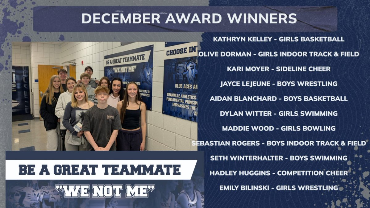 JessWillsAAD's tweet image. Congratulations to our December Core Value Award winners. We focused on being a great teammate and choosing we over me. Please see what our coaches said about these amazing student athletes. @GranvilleEVSD