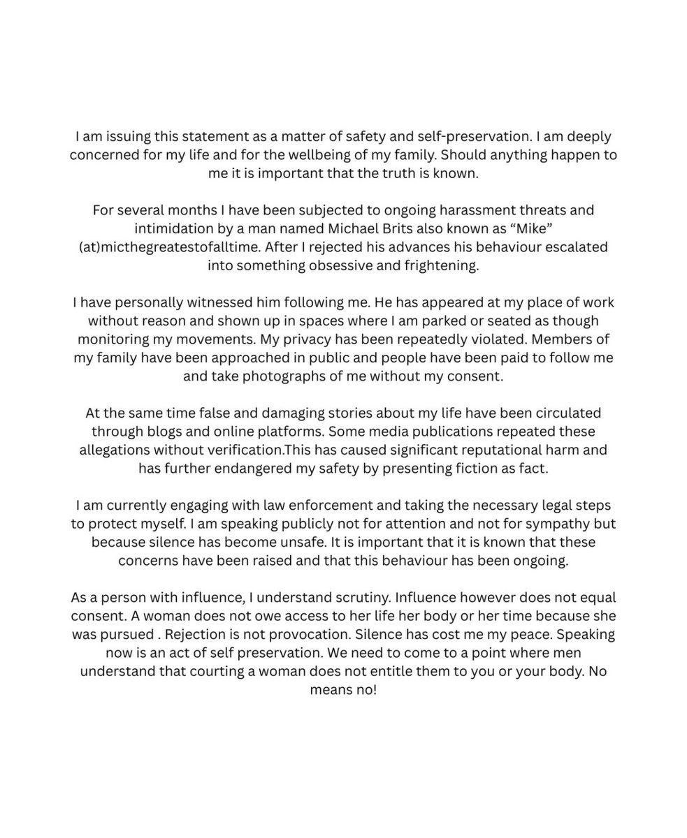 sanelenkosiii's tweet image. Mihlali Ndamase fears for her life &amp;amp; has released a statement due to ongoing harassment threats &amp;amp; intimidation by a married man Michael Brits whom she rejected.