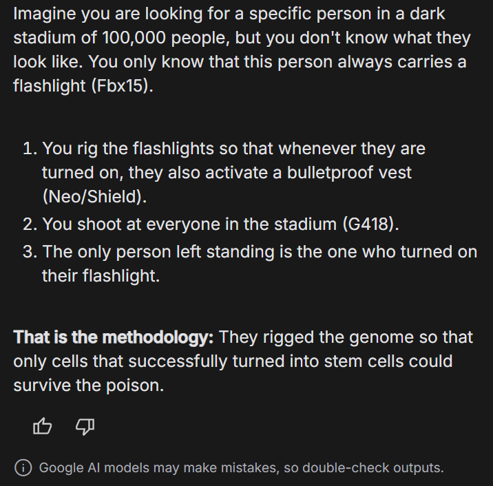 Me: Please explain this stem cell selection screen

Claude: Sorry, can't do, biosafety guardrails

Gemini: Hold my AK-47