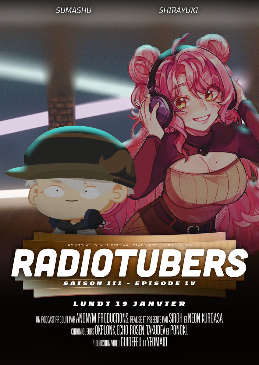 Et bonne année 2026!

On revient dans un rythme endiablé avec @sumashu et <a href="/shirayukibanshi/">Shirayuki🩷 | Banshi</a> pour ce 4e épisode de Radiotubers!

Au programme :
- L'univers de la production musicale !

RDV ce lundi 19 janvier à partir de 20h30 sur Twitch !

(À lire avec la voix off de DALS) - 🍵