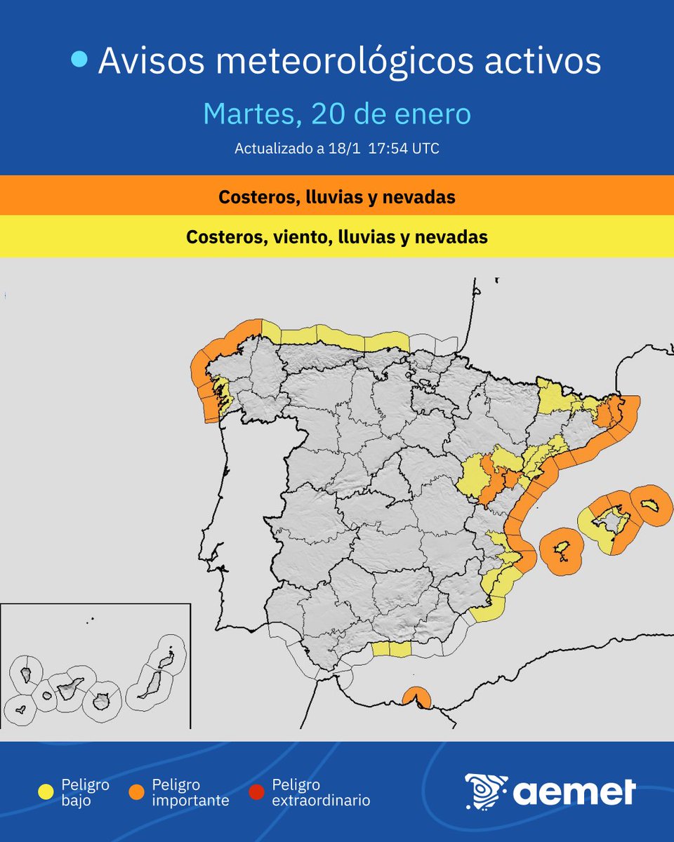 🌀 La borrasca Harry dejará un importante temporal mediterráneo.

🌊 Olas de más de 6 metros. Peligroso acercarse a la costa.

⛈️ Lluvias abundantes en Girona: posibles inundaciones y crecidas.

❄️ Nevadas copiosas desde 1000 m en Teruel y Castellón. Complicaciones en carreteras.