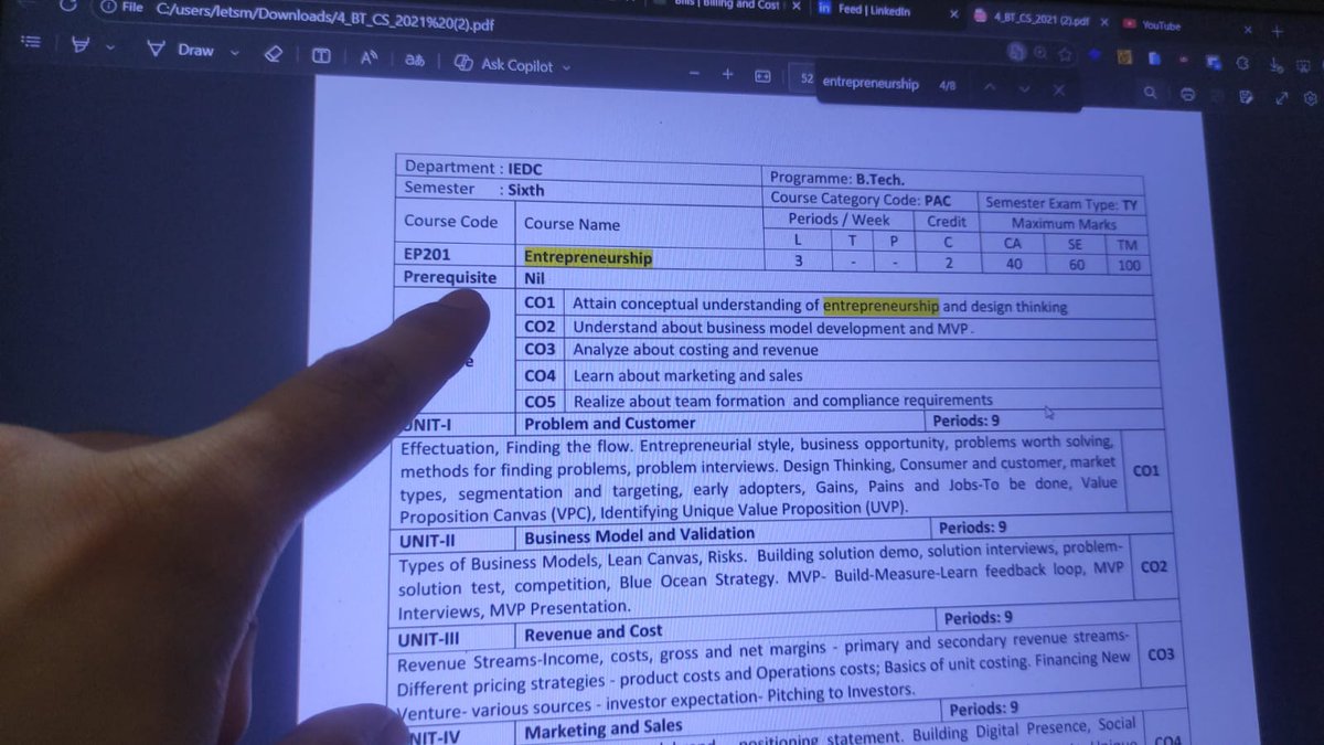 letstwitayush's tweet photo. I can’t believe that in 2026, Entrepreneurship is still taught as a theory subject in colleges.

My 6th semester starts tomorrow.
One of the subjects: Entrepreneurship.
Scheduled like any other lecture.

Show more... https://t.co/d5r4zn3JaB
