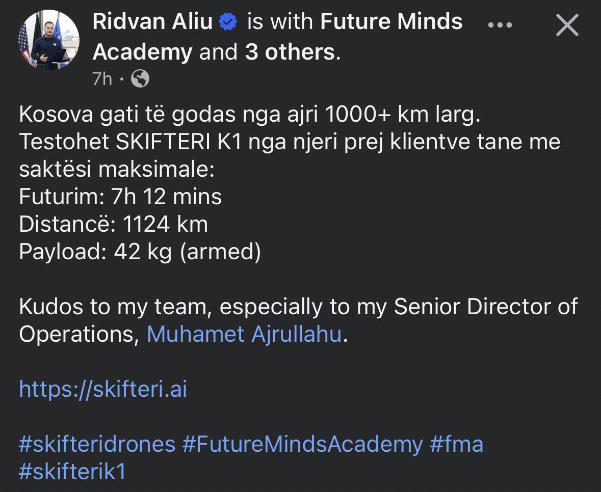 mightykosovo's tweet image. 🇽🇰🚨 The first ever kamikaze drone produced in Kosovo has been tested. +1100km range, capable of reaching belgrade from anywhere within Kosovo. It has a payload of 42kg 💣. Huge achievement for Kosovo!!!