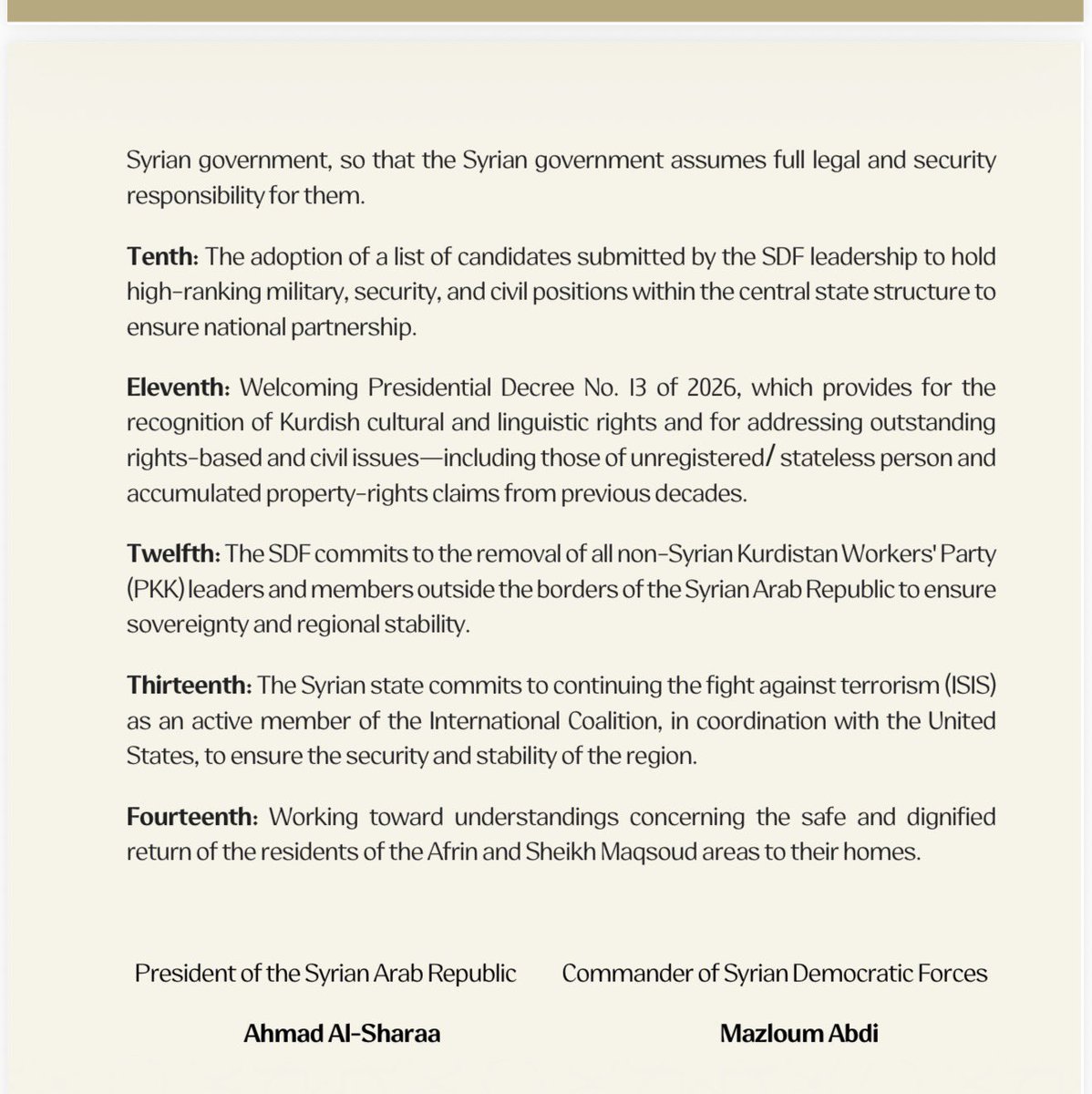 Quick analysis of the agreement reached between the SDF &amp; Syrian government:
•  To anyone who followed the negotiations between the SDF &amp; Damascus closely, it is jarring to compare the current deal with what Damascus was willing to accept even earlier this month. In early