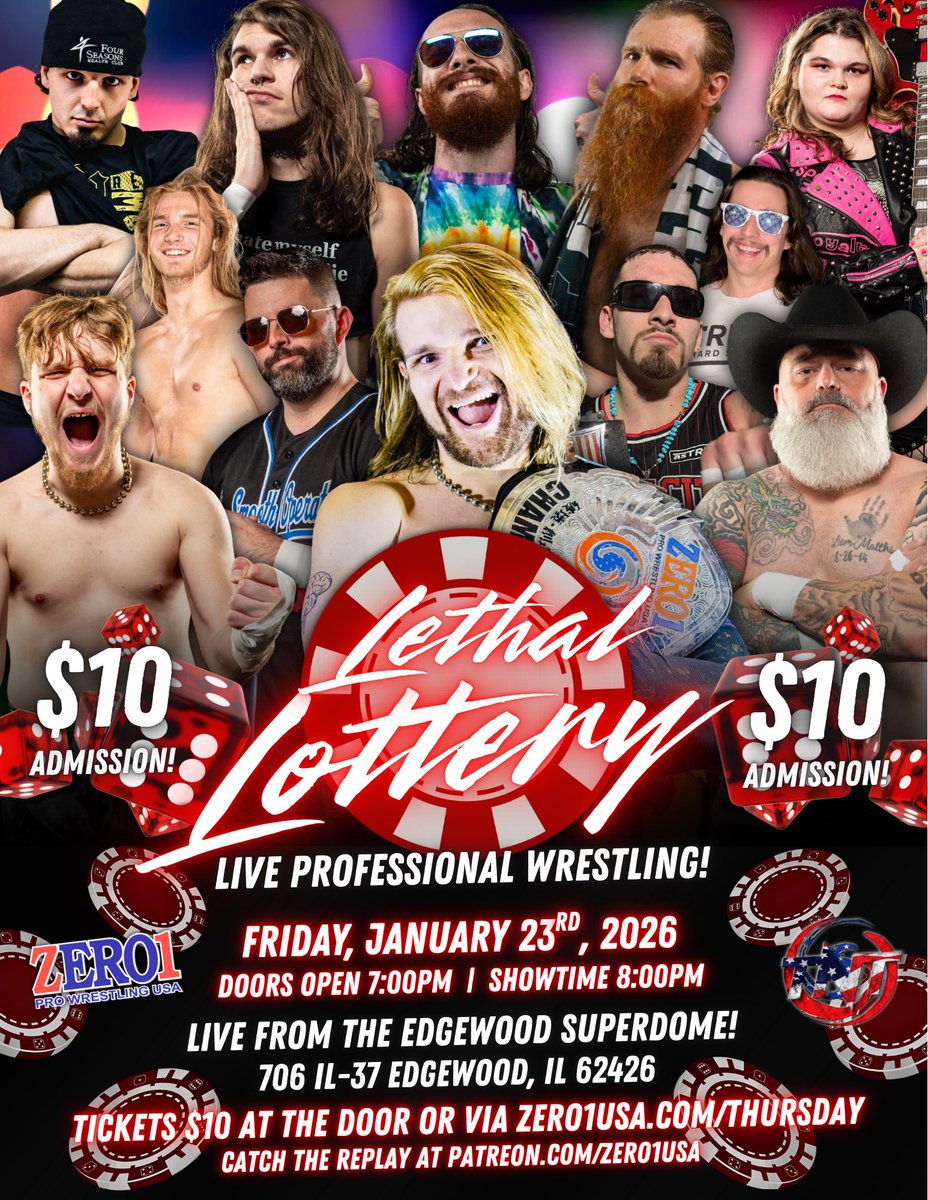 Zero1USAcom's tweet image. The competitors will be drawn at random; the fans and roster will find out who wrestles who as the music plays! We’re back with a BANG next Friday night in Edgewood!

💥 LETHAL LOTTERY 💥
📆 Friday, January 23rd, 2026
⏱️ Doors open at 7pm, Showtime at 8pm
📍 Edgewood Superdome |…