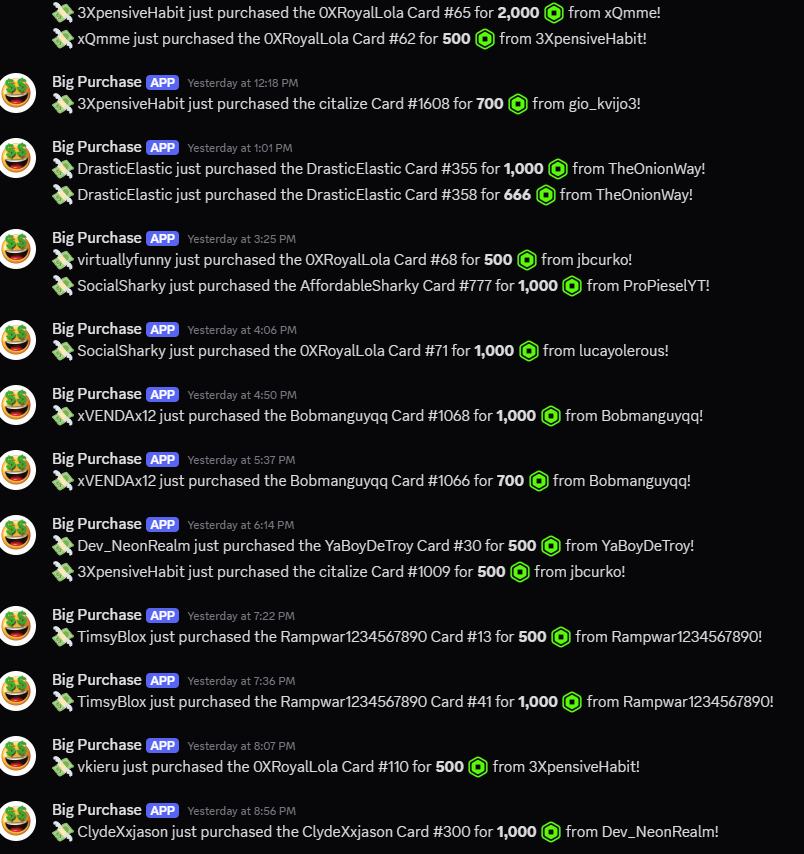 🤑Wow over 35 BIG card sales of 500+ went out to players yesterday! Congrats to those who made some awesome deals! 🤑 #ROBLOX