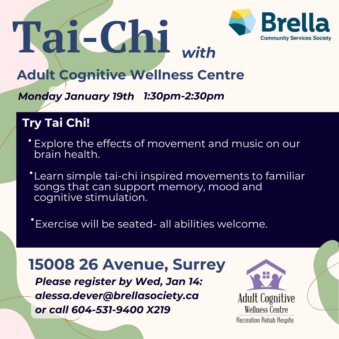 📅 Monday, January 19th | 1:30–2:30 pm
📍 15008 26 Avenue, Surrey
📝 Registration required by Wednesday, Jan 14th, 2026
alessa.dever@brellasociety.ca or call 604-531-9400

#dementiacentrewithoutwalls #brellacommunityservicessociety #taichi #BrainHealth #cognitivebehaviour