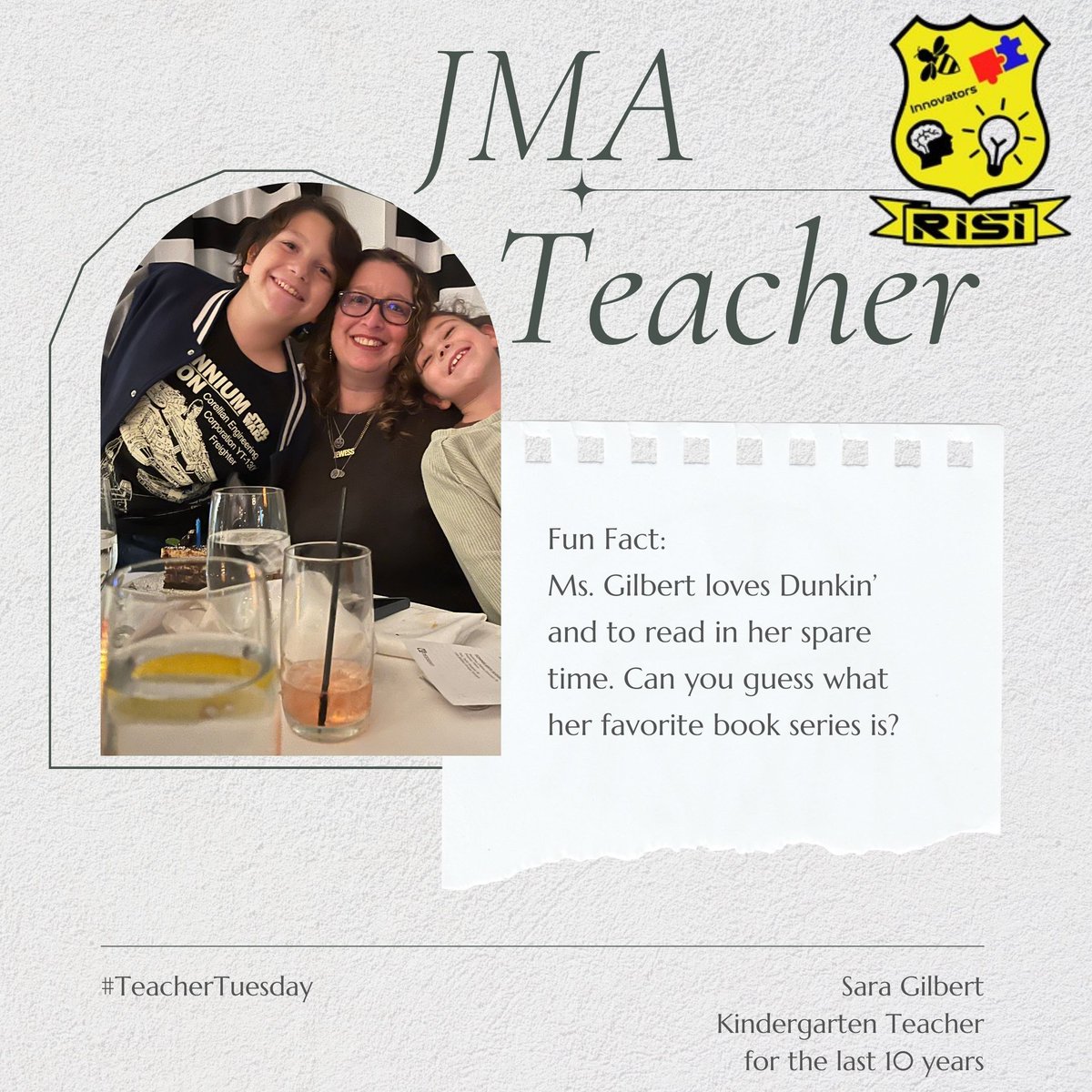 Happy #TeacherTuesday to Sara Gilbert! 🍎 A Kindergarten pro with 19 years of experience (10 at JMA!), she excels at sparking a lifelong love for reading. When she’s not at school, she’s likely in the Wizarding World of Harry Potter. ⚡️📖 Thanks for the magic! #JMA