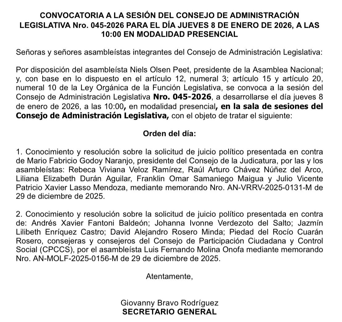 He convocado al Consejo de Administración Legislativa para este jueves a las 10:00 a.m., con el fin de tratar el pedido de juicio político en contra de Mario Godoy.