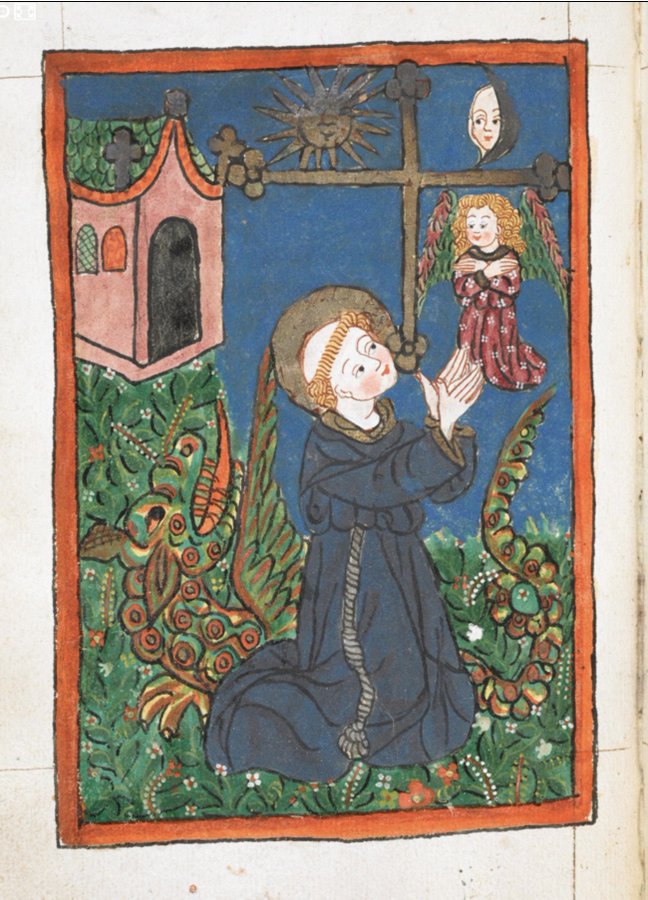 red_loeb's tweet image. St Francis receiving a vision of the city of Assisi threatened by a dragon

BL Add 15710; St Bonaventure, Legenda Sancti Francisci, illuminated by Sister Sibilla von Bondorf; Germany, S.W.; 15th century; f.30v @BLMedieval