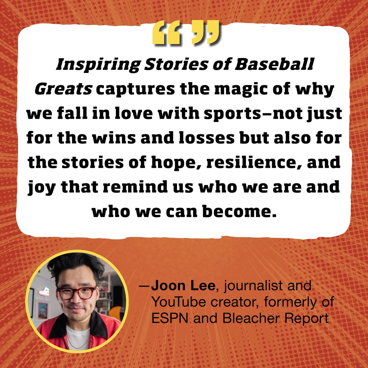 Thanks to <a href="/joonlee/">Joon Lee</a> for endorsing my latest book Inspiring Stories of Baseball Greats, published by <a href="/penguinrandom/">Penguin Random House 🐧🏠📚</a> and available now.

amazon.com/Inspiring-Stor…

Joon is a journalist, YouTube creator and baseball expert extraordinaire, formerly of ESPN and Bleacher Report.