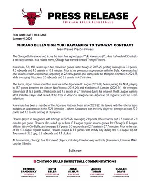 ブルズから、河村勇輝選手と2way契約を交わしたことが発表になりました