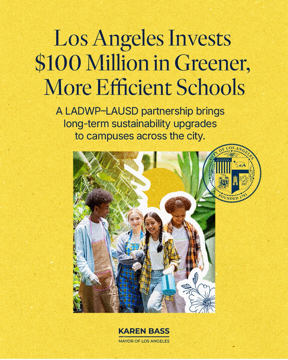MayorOfLA's tweet image. We’re making long-term investments in our school campuses that will cut energy use, conserve water, and give students hands-on opportunities to learn about sustainability. This is part of a long-term vision to build a cleaner, healthier city for every Angeleno.