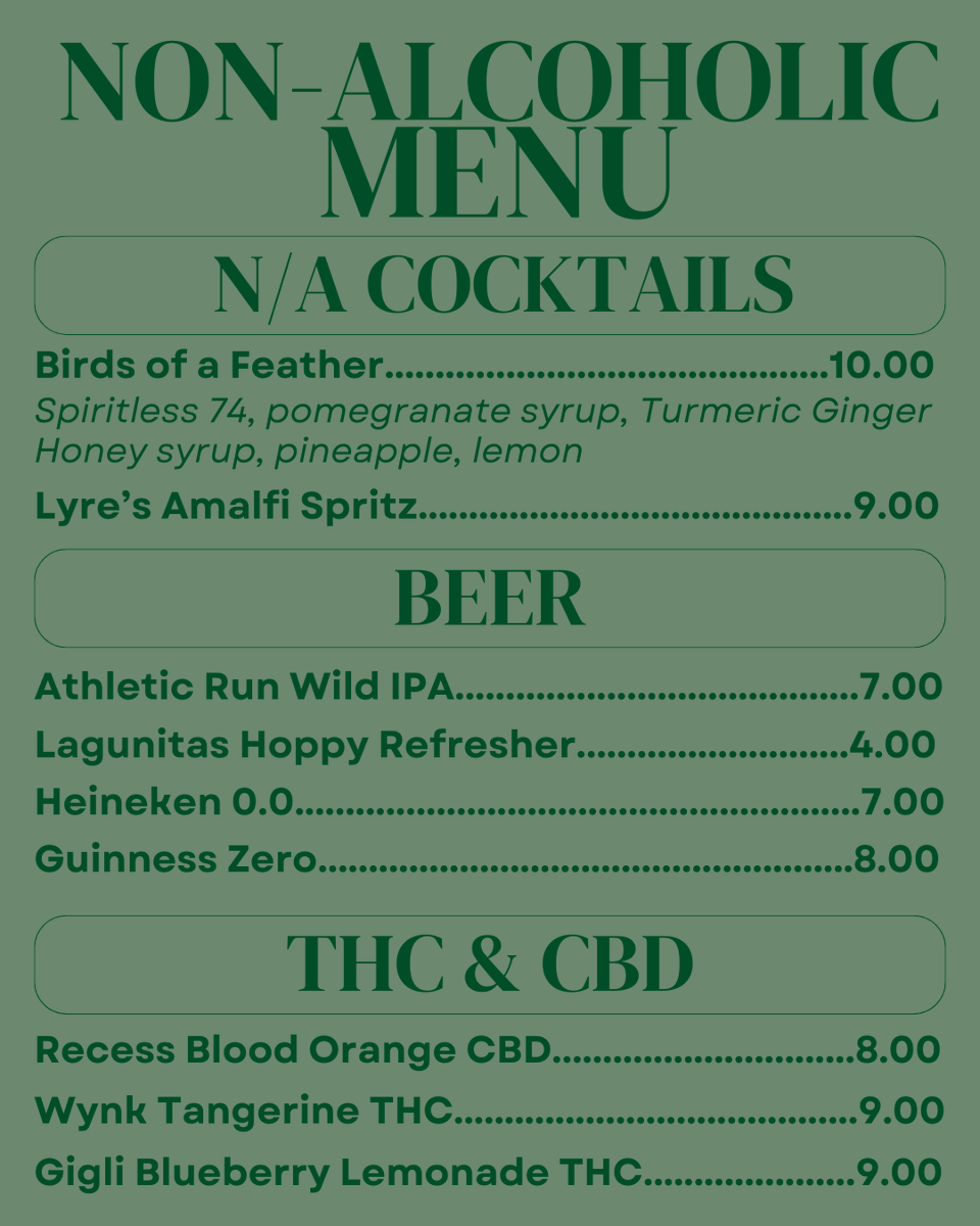 January feeling dry? We've got plenty of NA options to fix that! Try our new NA cocktail: Birds of a Feather, with Spiritless 74, pomegranate syrup, Turmeric Ginger Honey syrup, pineapple, lemon. We also have NA beers, CBD, and more.