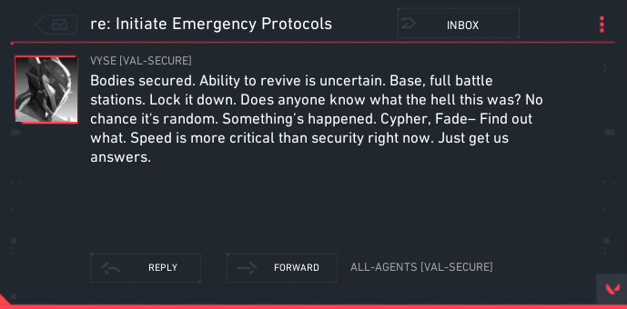 VALORANTLeaksEN's tweet photo. 📩 // 12.00 // Vyse // re: Initiate Emergency Protocols // #VALORANT https://t.co/AXQrXomgCf