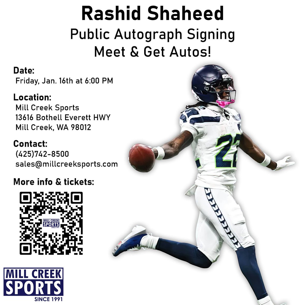 millcreeksports's tweet photo. 🚨 Rashid Shaheed is coming to Mill Creek Sports! 🏈✍️

We’re hosting a Public Autograph Signing with Seattle Seahawks Pro Bowler @RashidShaheed on Friday, January 16, 2026 @ 6:00 PM (subject to change). Bring your own item or grab something in-store, then get it signed, add a short inscription, and take a professional posed photo op 📸

🎟️ Tickets are ON SALE NOW (limited quantities)
✅ Autographs ($59) • Photo Ops ($39) • Inscriptions ($19)
📦 Can’t attend? Mail-in & drop-off options available (deadline Thurs, Jan. 15)

Tickets and details:
https://t.co/2v7up6P08t

#MillCreekSports #RashidShaheed #Seahawks #SeahawksNation #NFL #AutographSigning #SportsMemorabilia #Autographs #SignedMemorabilia #PhotoOp #Collectors #WhoDoYouCollect #TheHobby #12s #GoHawks