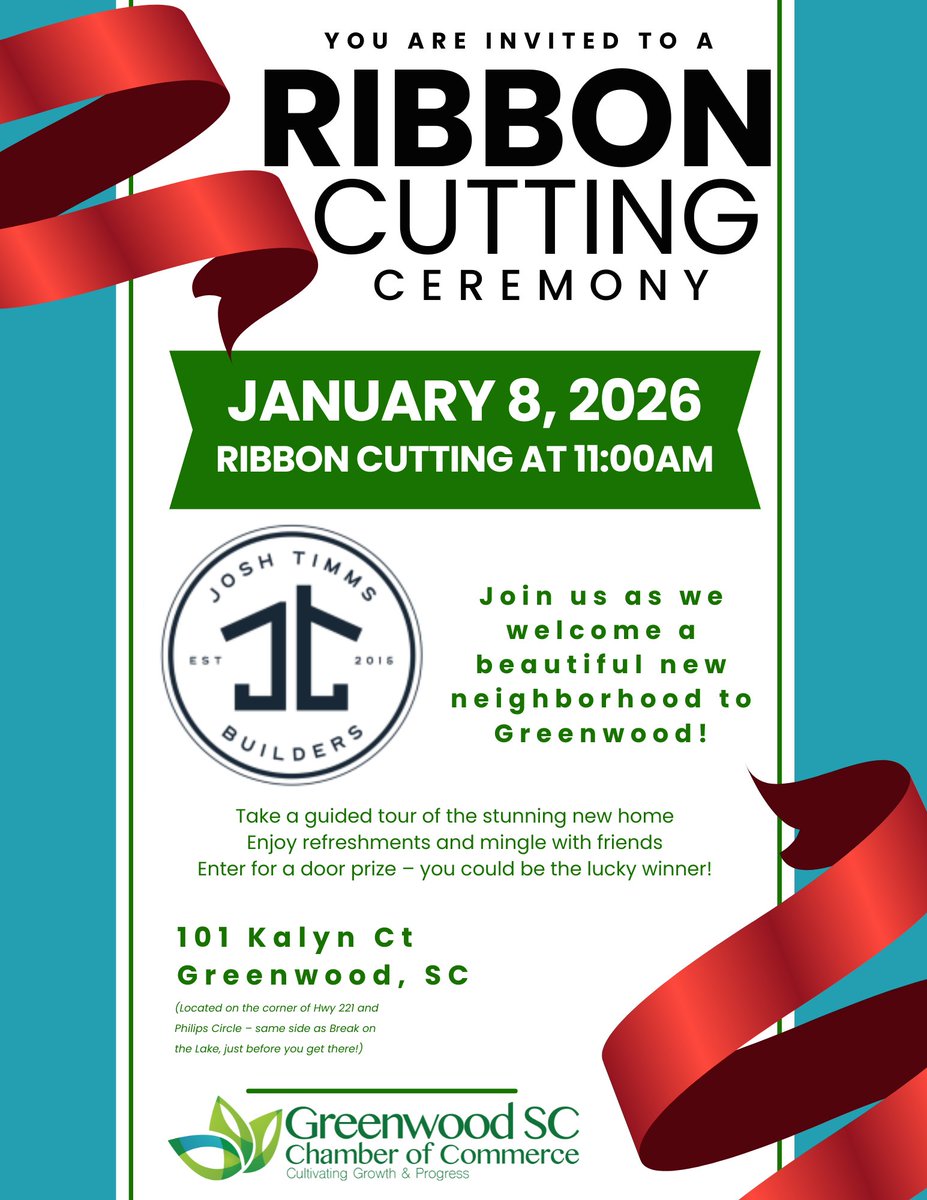 ✂️ Big day coming up!

Join us Thursday, Jan. 8 at 11 AM for a Ribbon Cutting with Josh Timms Builders.

📍 101 Kalyn Ct | Greenwood, SC
🏠 Tours • 🥂 Refreshments • 🎟️ Door Prize