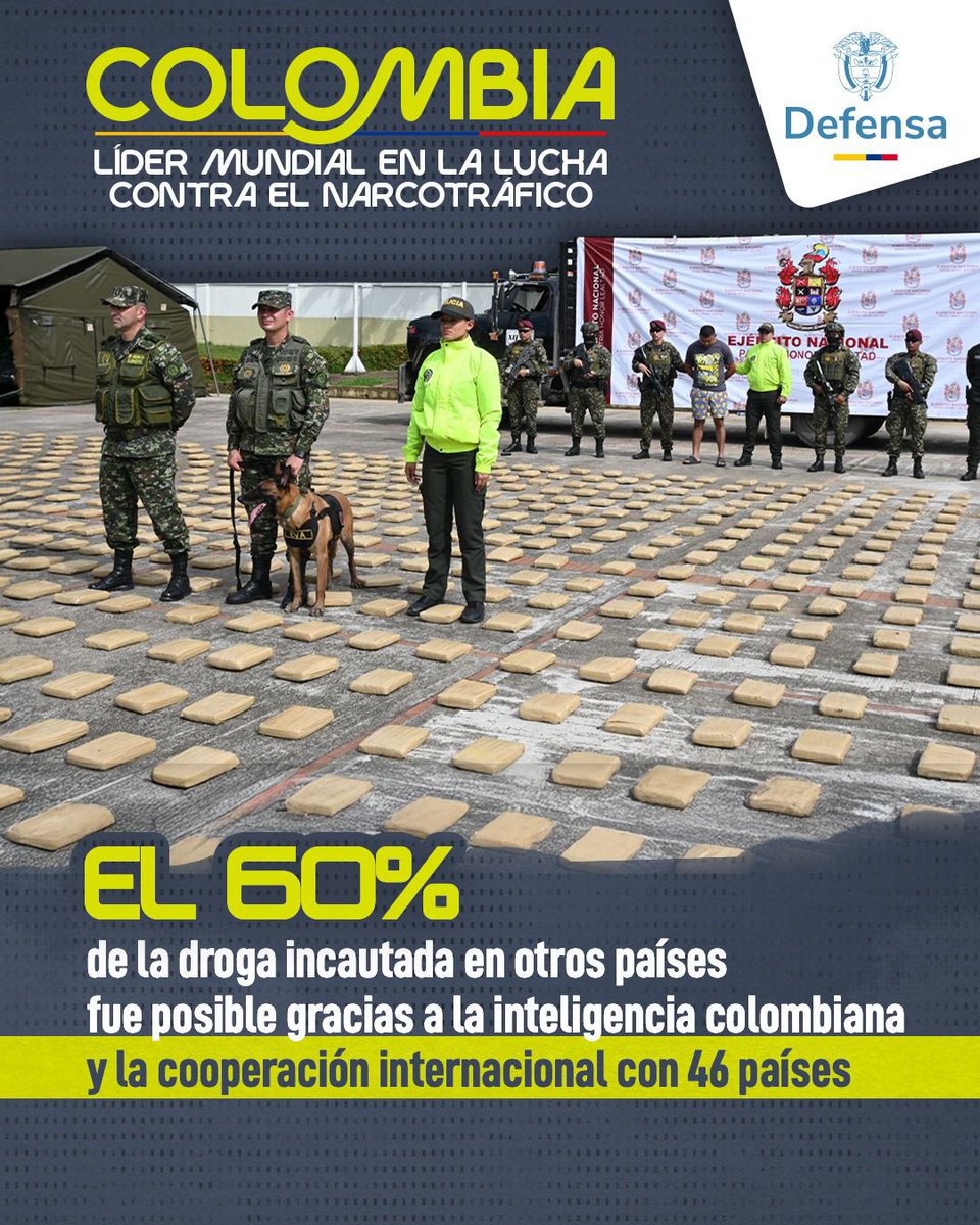 🇨🇴La inteligencia colombiana se ha convertido en un pilar de la seguridad global. 

Gracias al trabajo coordinado con 46 países, el 60 % de la droga incautada fuera del territorio nacional pudo ser interceptada a tiempo.