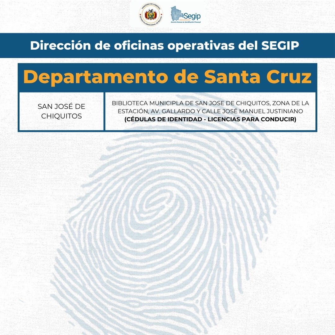 OficialSegip's tweet photo. SEGIP en #Santa Cruz
Te presentamos la ubicación actualizada de nuestras agencias habilitadas para trámites de Cédula de Identidad y Licencias para Conducir en todo el departamento. 🪪🚗

​Consulta la imagen adjunta para identificar la agencia más cercana a tu zona.

#Segip https://t.co/gyZ0kUgwsJ