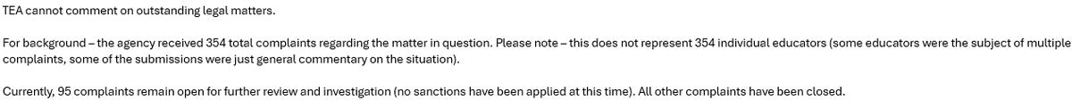 The Texas Education Agency says there's been 354 complaints against Texas teachers for supposedly making inappropriate online remarks about Charlie Kirk's assassination.

95 of those complaints are still open for investigation.

This comes after a September letter sent out by TEA