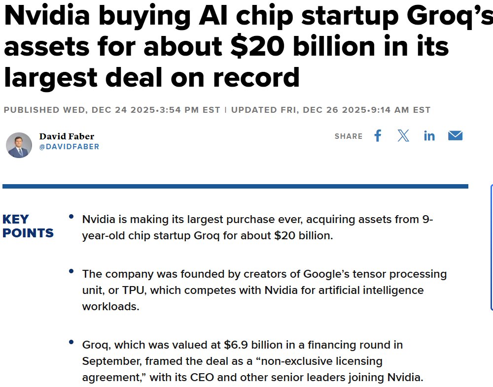 Nvidia’s largest deal ever!

Nvidia announced a ~$20B licensing and talent partnership with <a href="/GroqInc/">Groq Inc</a>.

Huge congratulations to the Groq team. <a href="/PanteraCapital/">Pantera Capital</a> is proud to have backed <a href="/sundeep/">sunny madra</a> and <a href="/GavinSherry/">Gavin</a> early via Definitive’s Series A in 2022 and to see that conviction