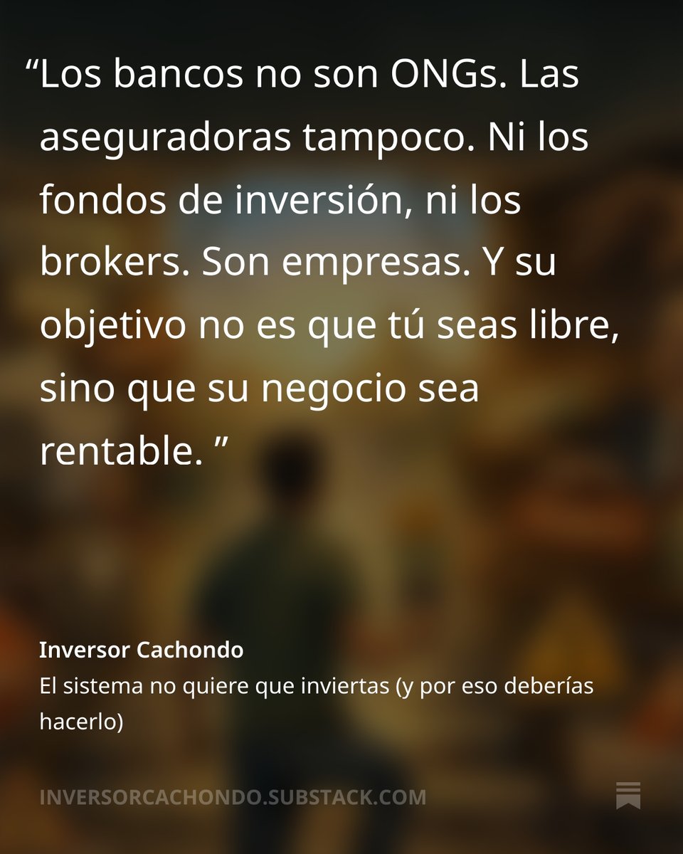 InversorCacho's tweet image. Recordad esto cuando gestionéis vuestras inversiones y actuad igual que ellos.

Vosotros mismos, también sois un negocio y vuestro dinero el fuel que lo alimenta.

Como CEO de tu negocio, es tu responsabilidad hacer que tu negocio sea rentable.
inversorcachondo.substack.com/p/el-sistema-n…