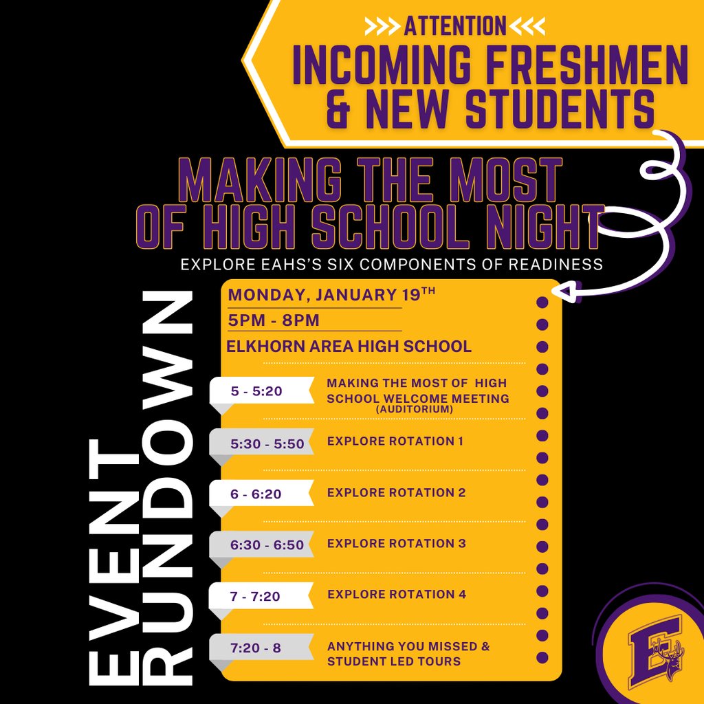 📣 Incoming Freshmen &amp; New Students!
Join us Monday, Jan. 19th from 5–8 PM for Making the Most of High School Night. Explore EAHS, meet staff, and get a feel for life as an Elk! 💜💛