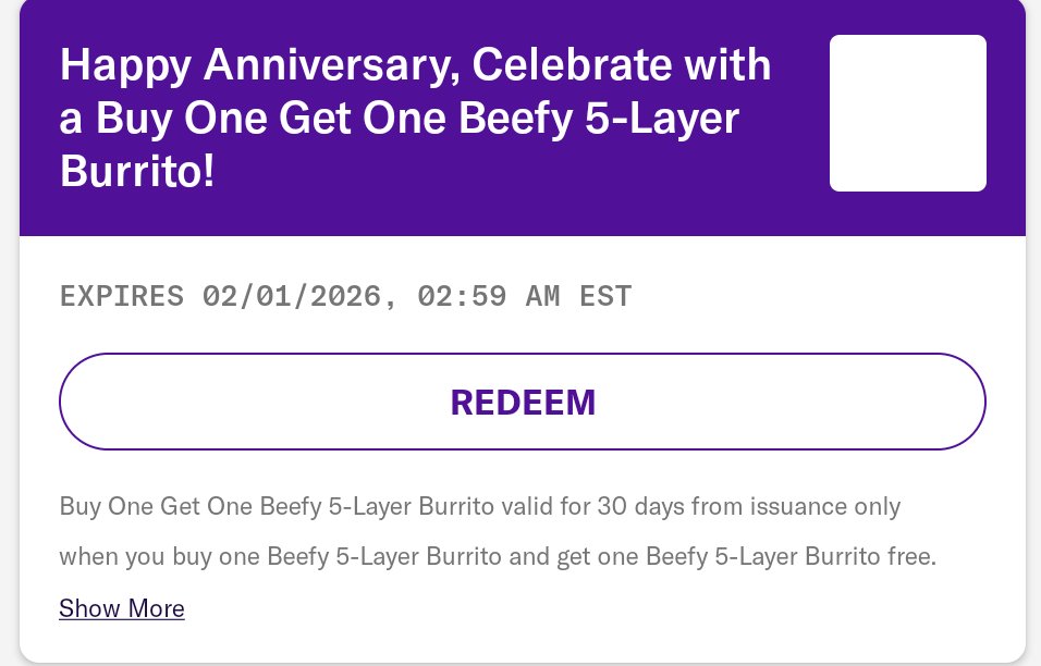 HeyItsCBJ's tweet image. Can't even get a freebie on the anniversary?? Still gotta buy one just to get one  C'mon @tacobell