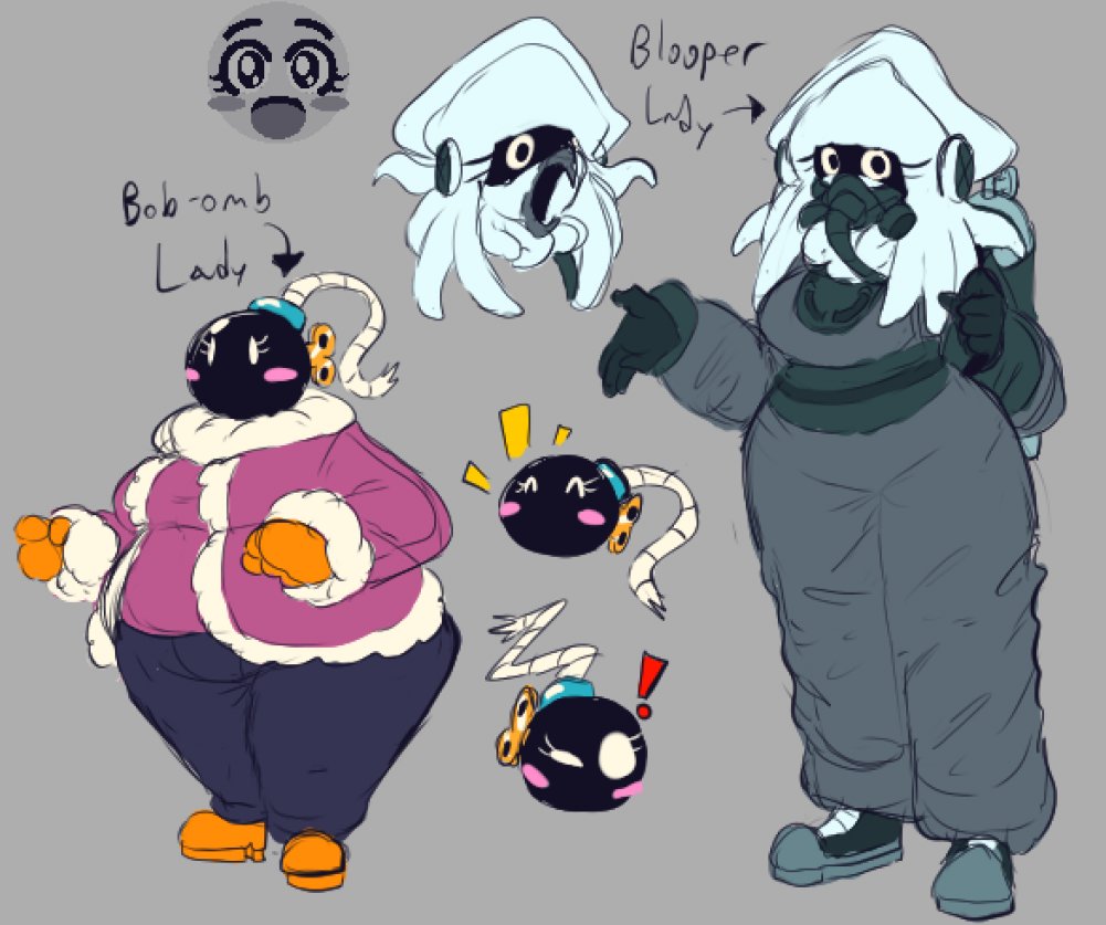 SkoomBaBoom's tweet image. Bob-omb and Blooper gals doodled up while bored :&amp;gt;