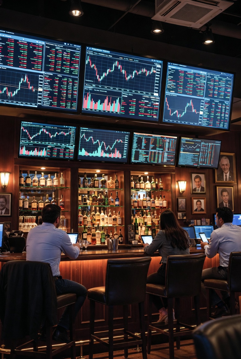 GrokItToMe's tweet image. A day trader-themed bar with live stock quotes on big screens and free Wi-Fi, allowing patrons to trade on their Robinhood accounts. It features a NYSE-style theme tempered by a cozy bar atmosphere.