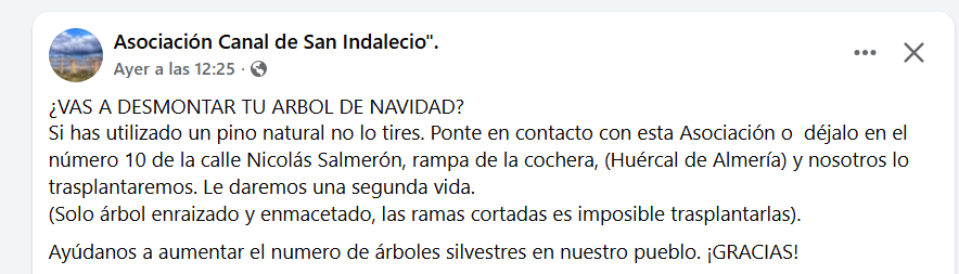 OKCarolus's tweet image. 🎄Una idea muy interesante si vives en #Almería

La Asociación Canal de San Indalecio busca pinos naturales que se hayan usado cómo árboles de #Navidad. La idea, reutilizarlos para aumentar las especies silvestres en Huércal