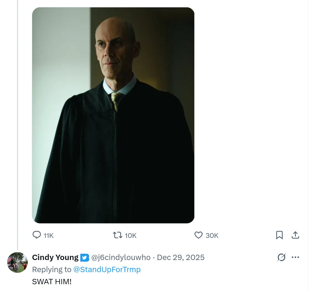 Nothing to see here, just New Hampshire J6er Cindy Young publicly calling for a federal judge, U.S. District Judge James Boasberg, to be swatted. #NHPolitics