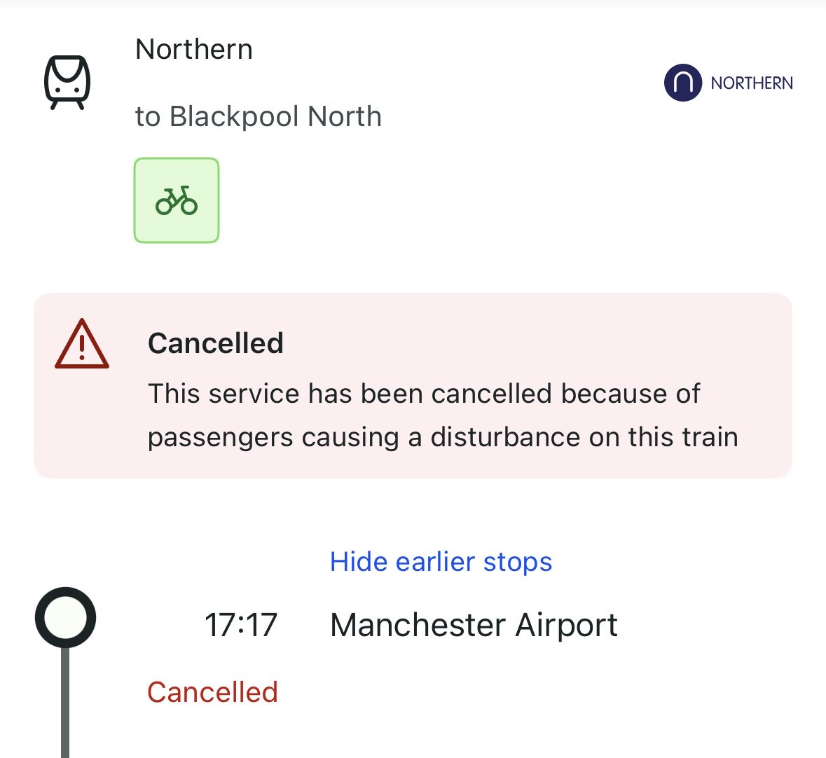 Hey <a href="/northernassist/">NORTHERN 🚆</a> this service was showing as cancelled at 4:30pm today. How is this the reason, a full 45+ minutes before it left the origination station?